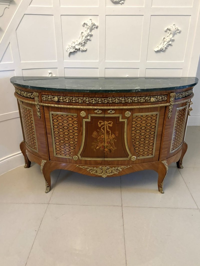 Fine Quality Antique French Kingwood Marquetry and Parquetry Inlaid Marble Top Sideboard